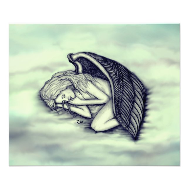 En sovande ängel på himmelmolnen i grönt fototryck (Framsidan)