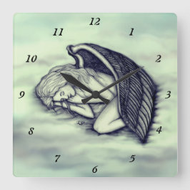 En sovande ängel på himmelmolnen i grönt fyrkantig klocka