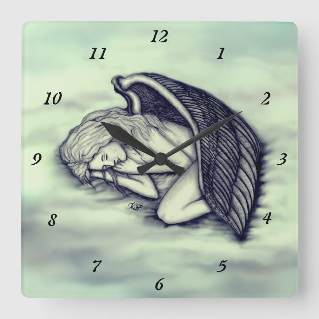 En sovande ängel på himmelmolnen i grönt fyrkantig klocka (Framsida)