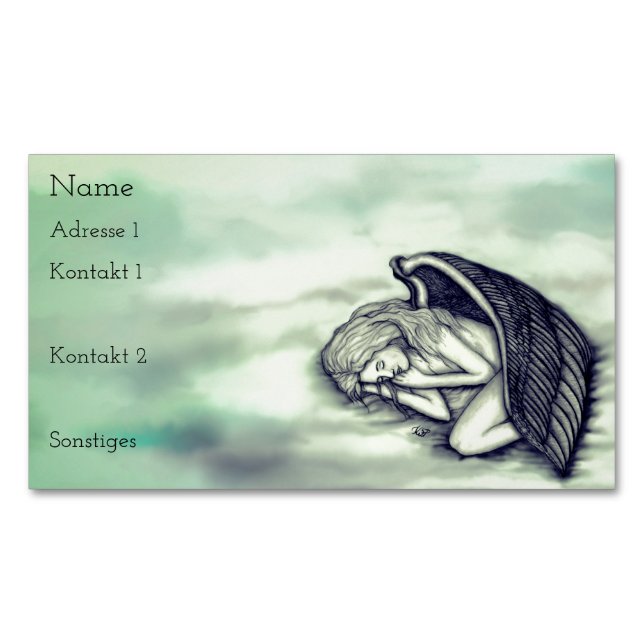 En sovande ängel på himmelmolnen i grönt magnetiska visitkort (Framsida)