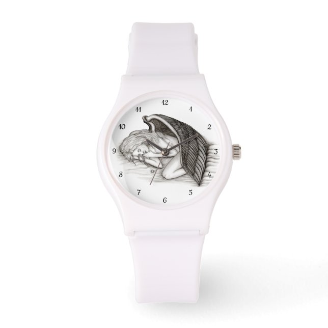 En sovande ängel, svart och vit armbandsur (Framsida)