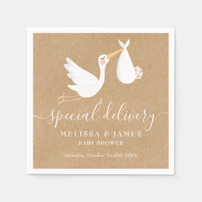En speciell leverans stork par baby shower pappersservett (Framsidan)