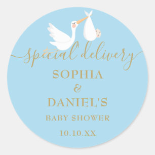 En speciell leverans stork par baby shower runt klistermärke