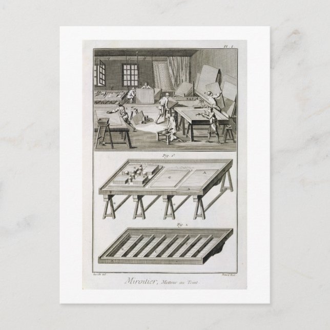 En spegel-tillverkares workshop och verktyg, från  vykort (Framsida)