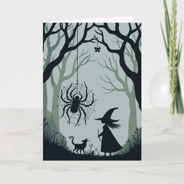 En spindel en häxa och en skogsutklippning helgkort (Framsida)