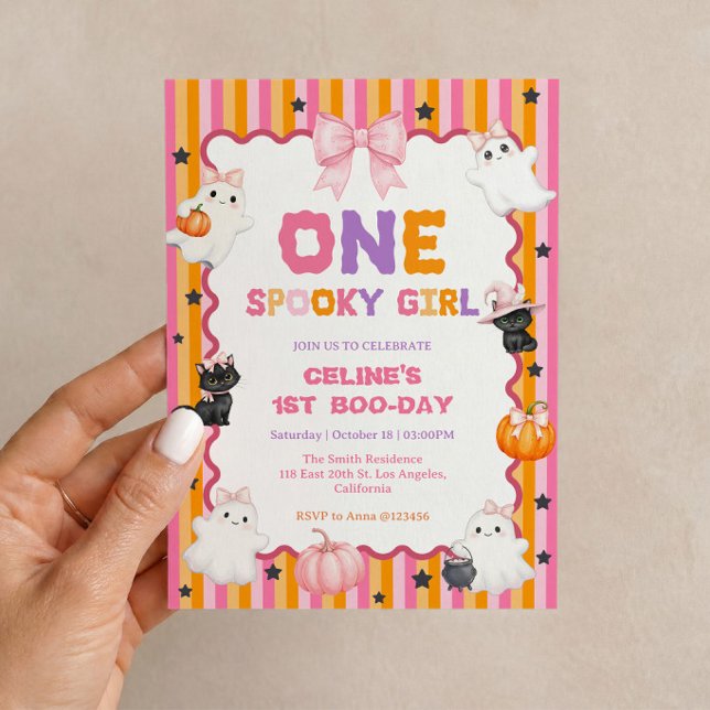En spöklik födelsedagsinbjudan för flickor i rosa  inbjudningar (One Spooky Girl pink Halloween invitation for a cute and playful birthday celebration. 🎃👻🎀)
