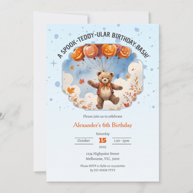 En Spook-Teddy-ular Birthday Bash Boys Inbjudningar (Framsida)