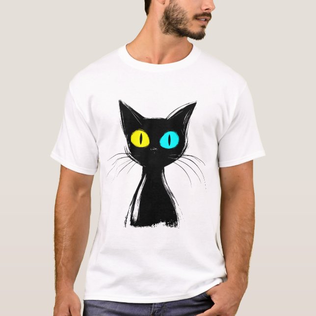En spookussvart katt med lämnat blå gult och höger t shirt (Framsida)
