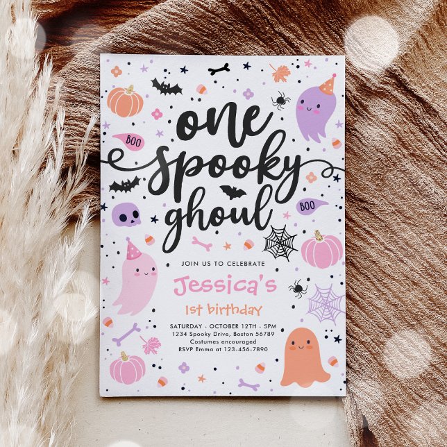 En Spooky Ghoul Cute Halloween Ghost 1:a födelseda Inbjudningar (Skapare uppladdad)