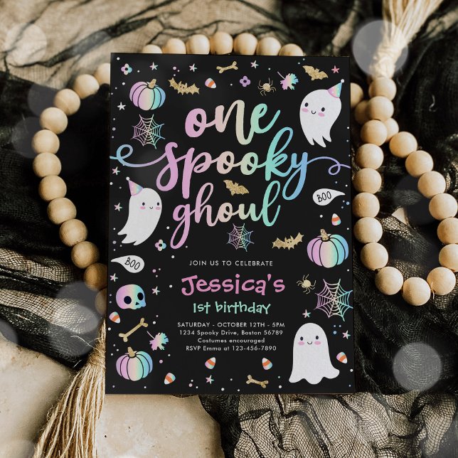 En Spooky Ghoul Cute Halloween Ghost 1:a födelseda Inbjudningar (Skapare uppladdad)