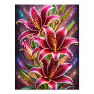 En spricka i Rosan: Stargazer Lilies i Vibrant Blo Fototryck
