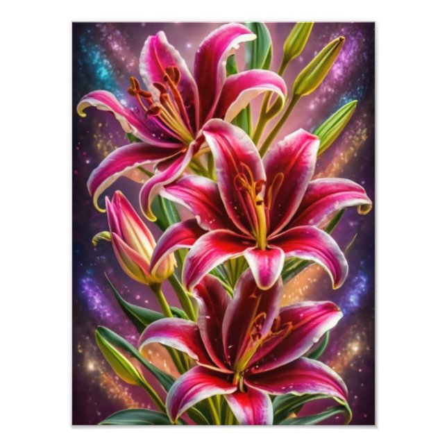 En spricka i Rosan: Stargazer Lilies i Vibrant Blo Fototryck (Framsidan)