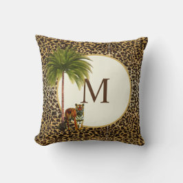 En stående tiger på ett leopard mönster Monogram Kudde
