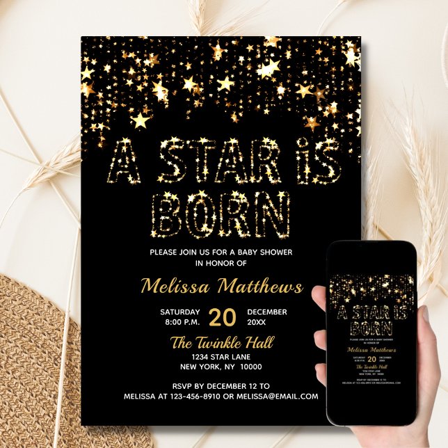 EN STAR ÄR BORN Guld Black Baby Shower Inbjudningar (A STAR IS BORN Gold Black Baby Shower Invitation)