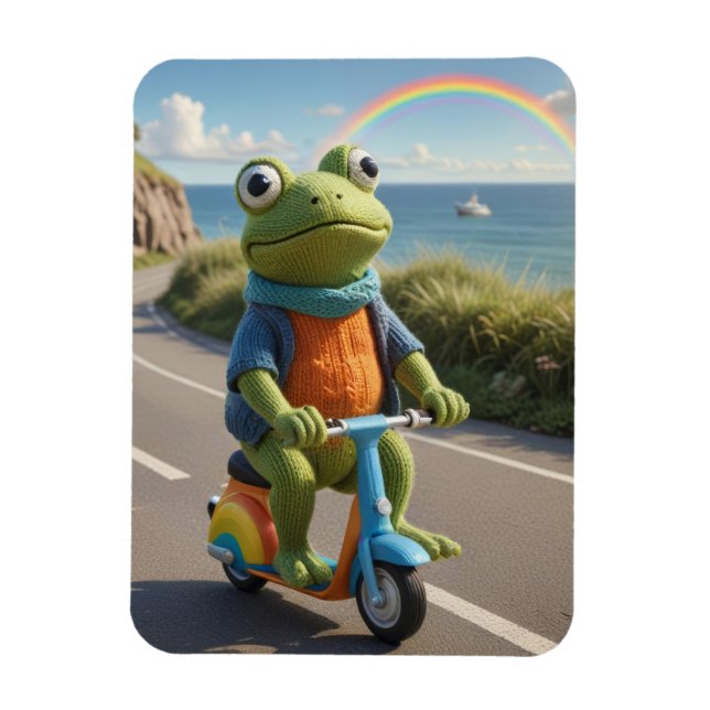 En stickad groda kör en sparkcykel magnet (Vertikal)