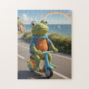 En stickad groda kör en sparkcykel pussel