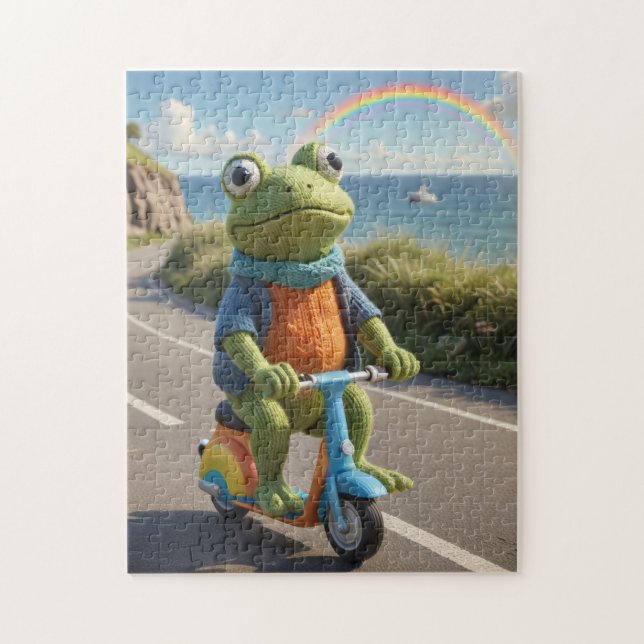 En stickad groda kör en sparkcykel pussel (Vertikal)