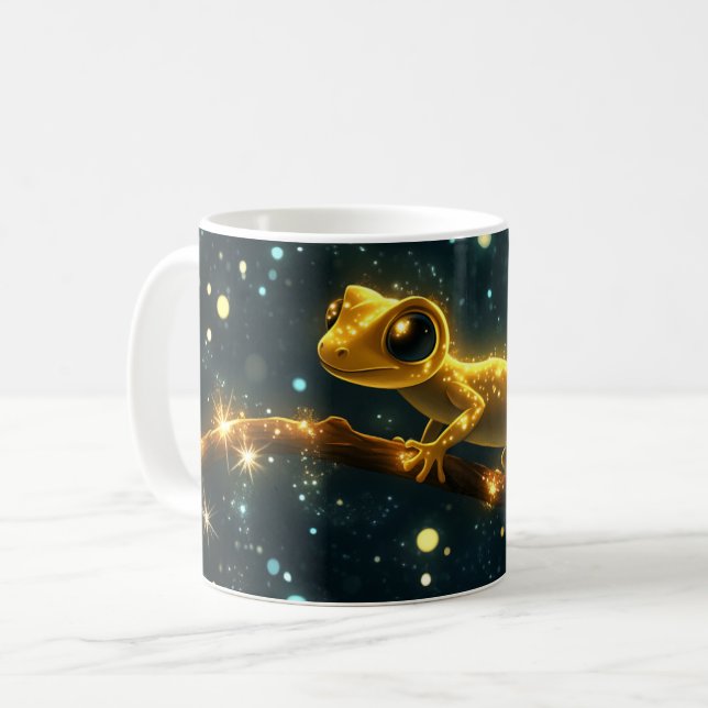 En stiliserad och lysande gecko, kreativt utformad kaffemugg (Framsida vänster)