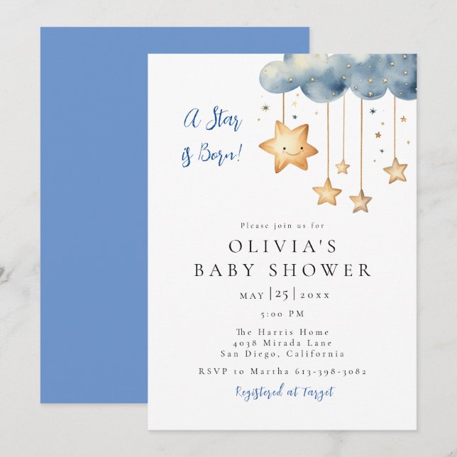 En stjärna är Born Baby Shower Inbjudningar (Fram/baksida)