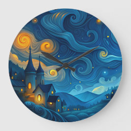 En stjärnnatt himmel ovanför land-stugor stor klocka