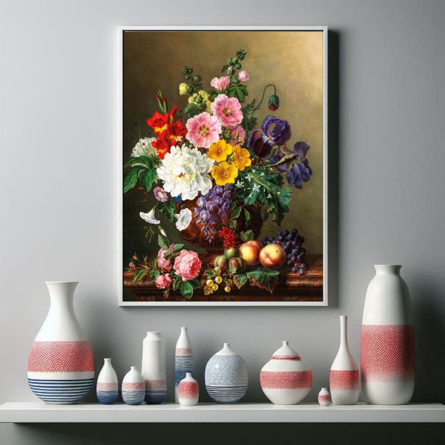 En stor blomsterbölja med persikor och druvor poster (Skapare uppladdad)