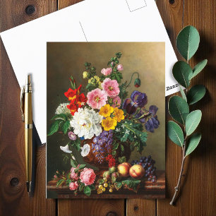 En stor bukett blommor med persikor och vindruvor vykort