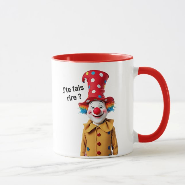 En stor mångfärgad clown med stor röd näsa. mugg (Höger)