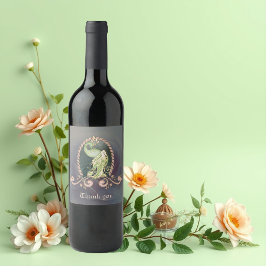 En stor påk i guld och grönt vinflaska etikett