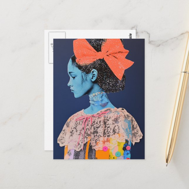 En stor rosett i hennes hår dam Collage Vykort (Fram/Back In Situ)