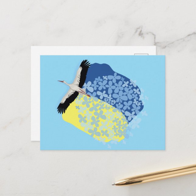 En Stork bär en ukrainsk flagga Vykort (Fram/Back In Situ)