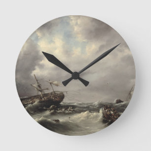 En storm på havet (olja på panel) rund klocka