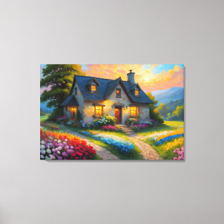 En stuga omgiven av färglöst vår blommor canvastryck