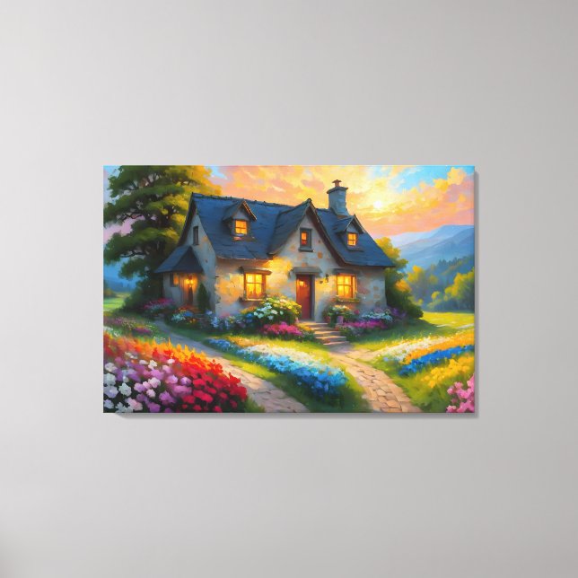 En stuga omgiven av färglöst vår blommor canvastryck (Framsida)