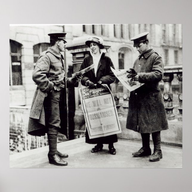En Suffragette säljer tidningar till två Poster (Framsidan)