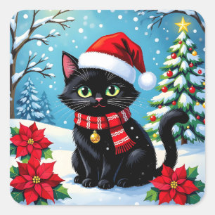En svart festlig katt med julbakgrund fyrkantigt klistermärke