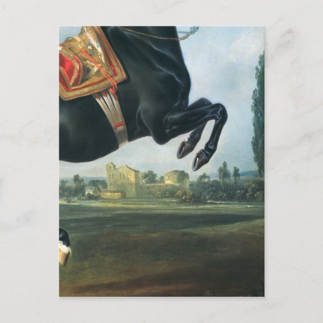 En svart häst som utför Courbette Vykort (Framsida)