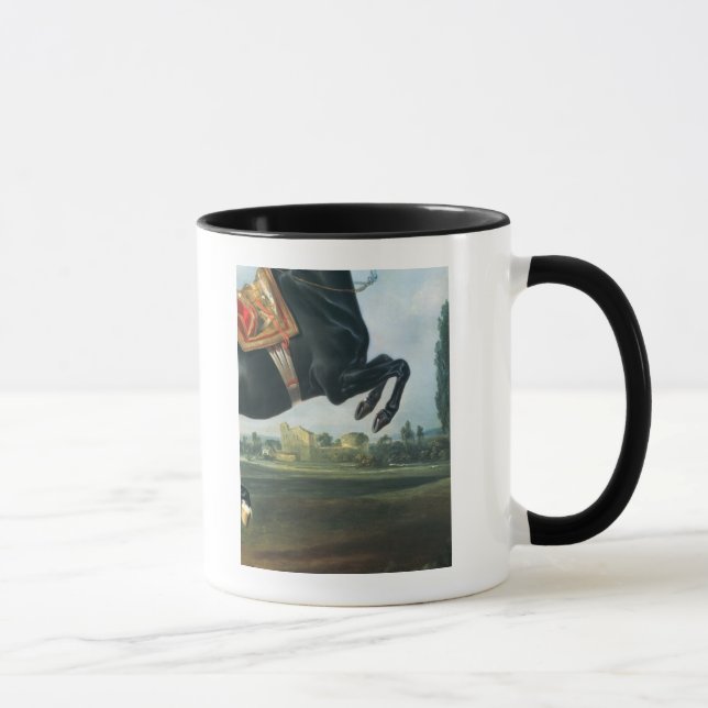 En svart häst som utför Courbetten Mugg (Höger)