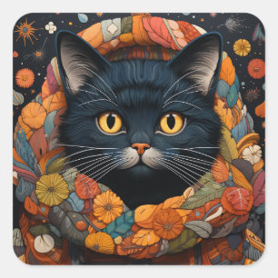 En svart katt i en Blommigt Sweater Fyrkantigt Klistermärke
