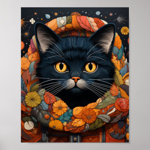 En svart katt i en Blommigt Sweater Poster