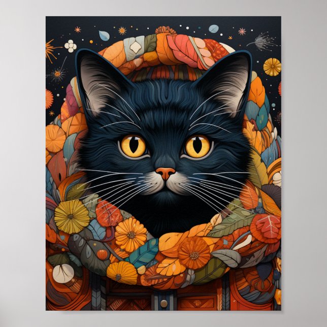 En svart katt i en Blommigt Sweater Poster (Framsidan)