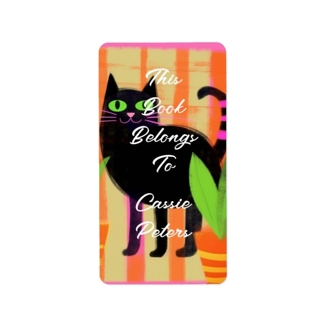 En svart katt med bostäder i Bok Tillhör till Adressetikett (Framsidan)