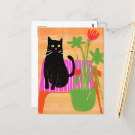 En svart katt med bostäder på Rosa Vykort