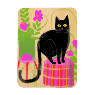 En svart katt med hushåll magnet