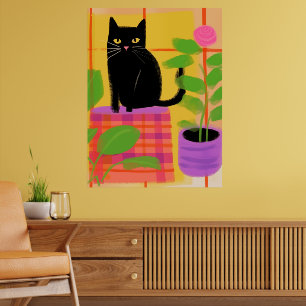 En svart katt med hushåll med stolpe poster