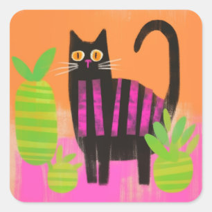 En svart katt med Rosa Rand och hushåll Fyrkantigt Klistermärke