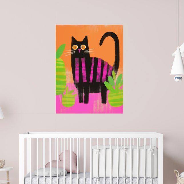En svart katt med Rosa Rand och hushåll Poster (Barnkammare 2)