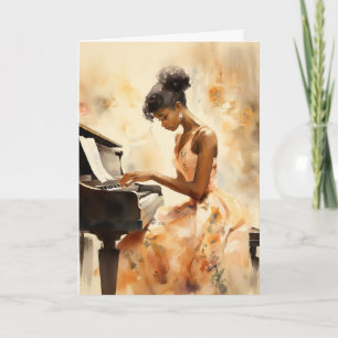 En svart kvinna i en Blommigt som spelar piano Kort