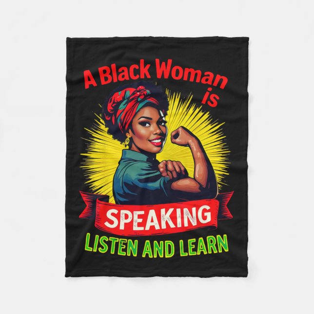 En svart kvinna pratar lyssna på svart historik Mo Fleecefilt (Framsidan)