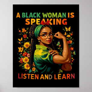 En svart kvinna pratar lyssna på svart historik Mo Poster