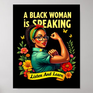 En svart kvinna pratar lyssna på svart historik Mo Poster